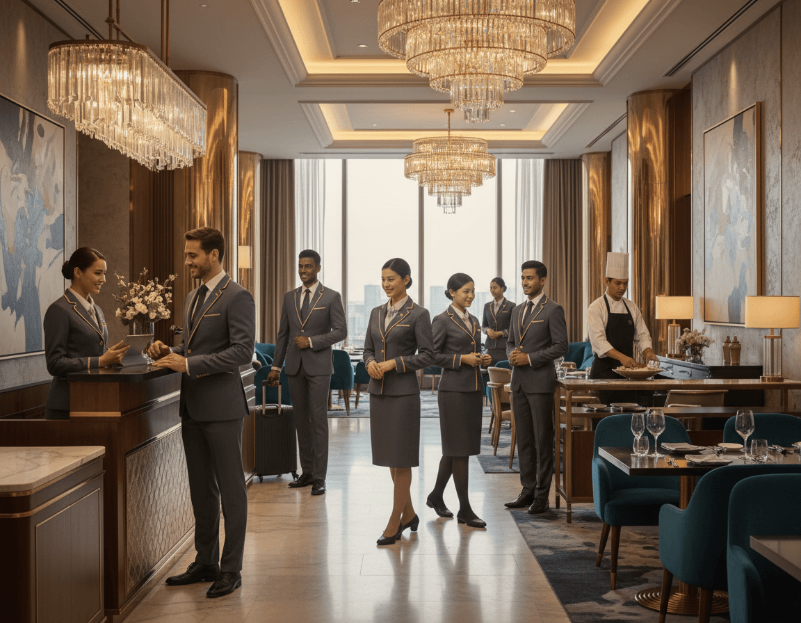 Hotel and restaurant staff in custom hospitality uniforms